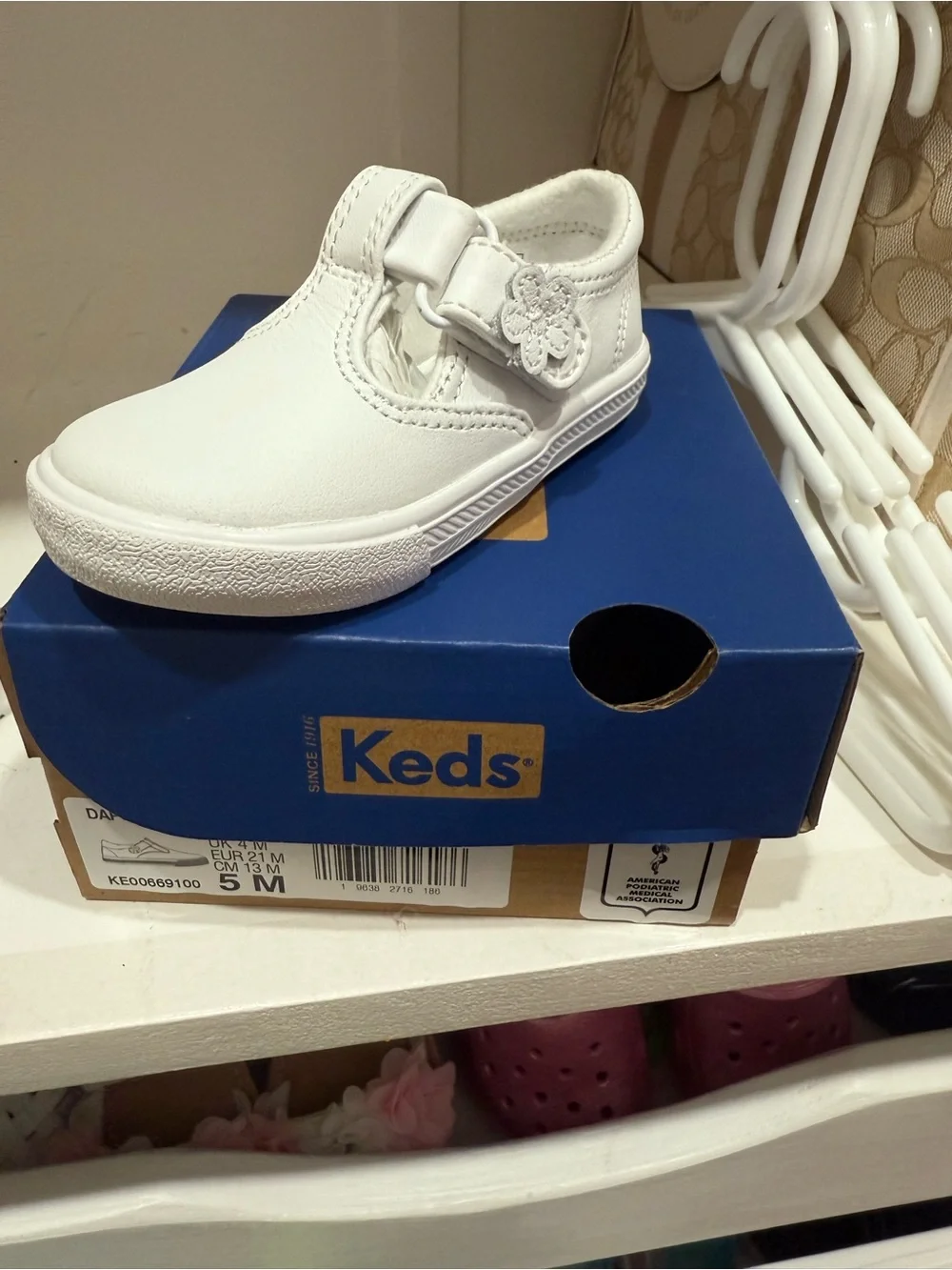 Keds Kids White Leather Hook-and-Loop Mary Jane with Floral Accent